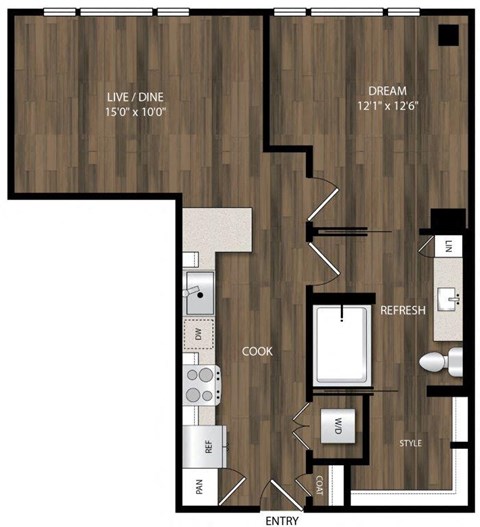 Floor plan for 1 bed, 1 bath, 690 sqft